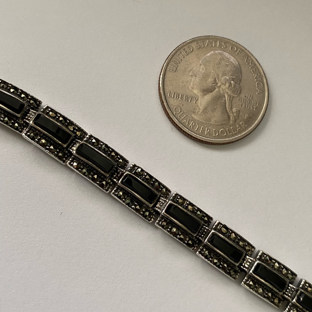 Vintage 925 Sterling Silver Marcasite and Onyx Link Bracelet Marsala - Picture 4 of 5